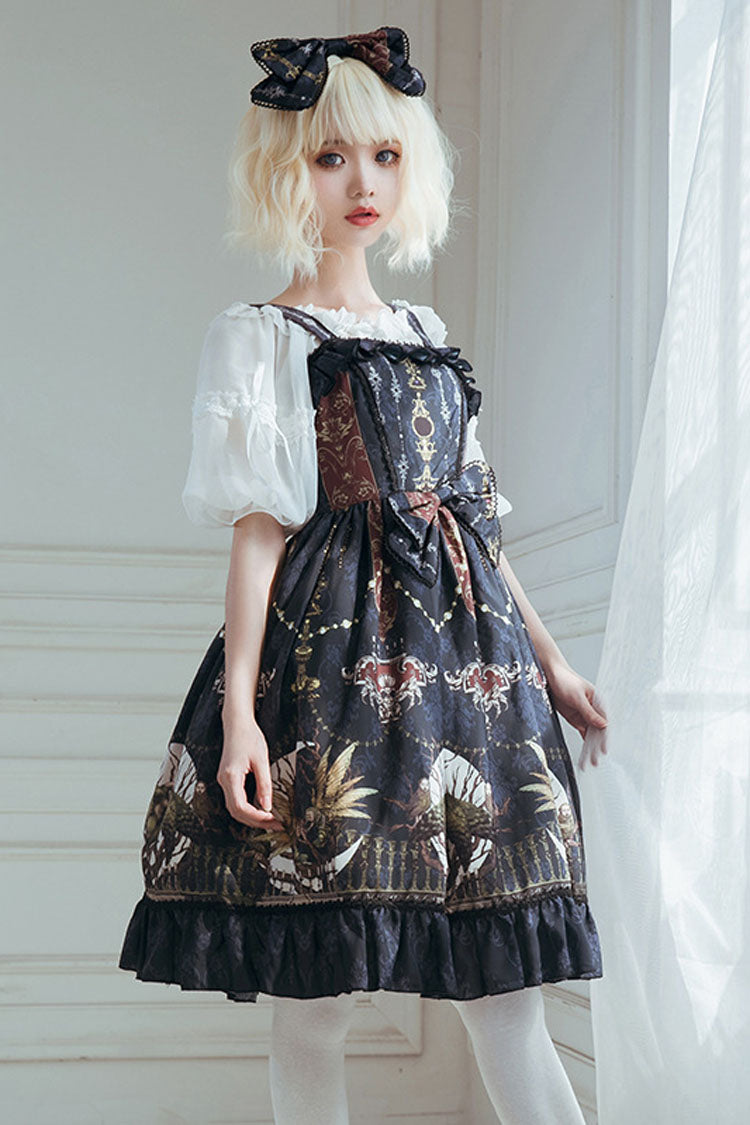 Dark Bule Bowknot Altar Of The Month Print Ruffled Classic Lolita Suspender Dress - Product - 2