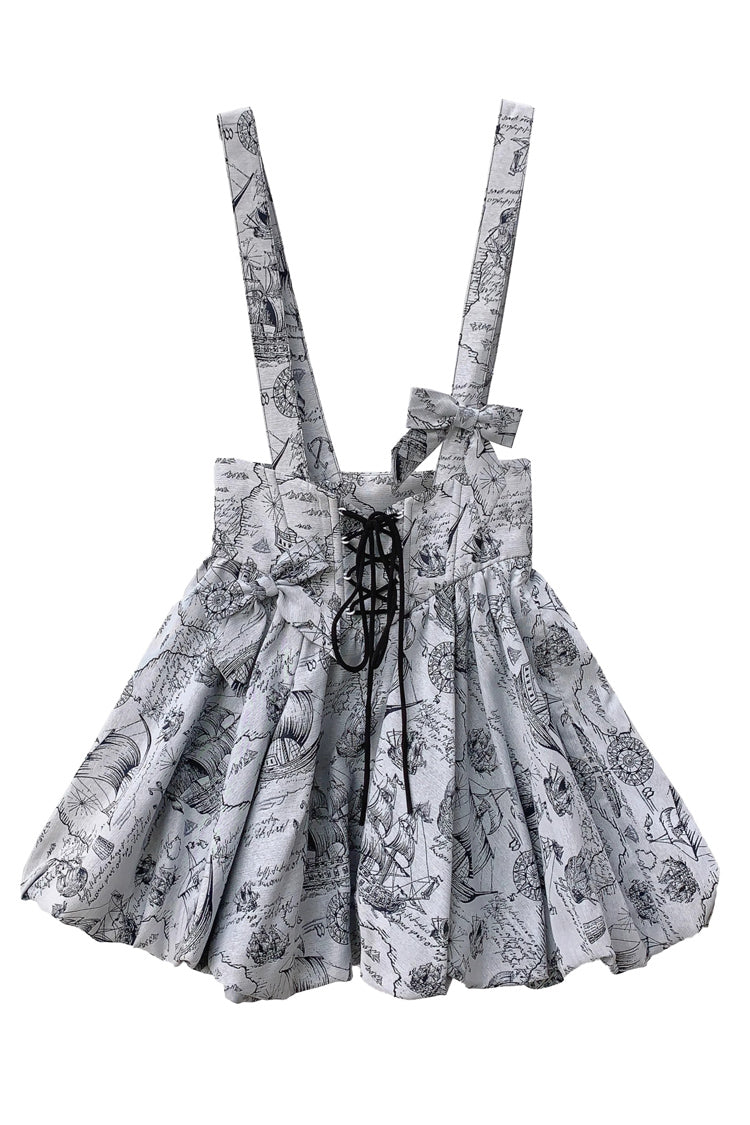 Grey [Elise] Print Bowknot Lace-Up Sweet Vintage Lolita Skirt - Product - 3