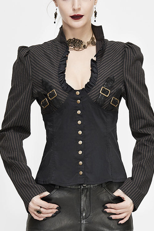 Black And Coffee Striped Low Collar Sexy Womens Punk Blouse - Black/Coffee - 1