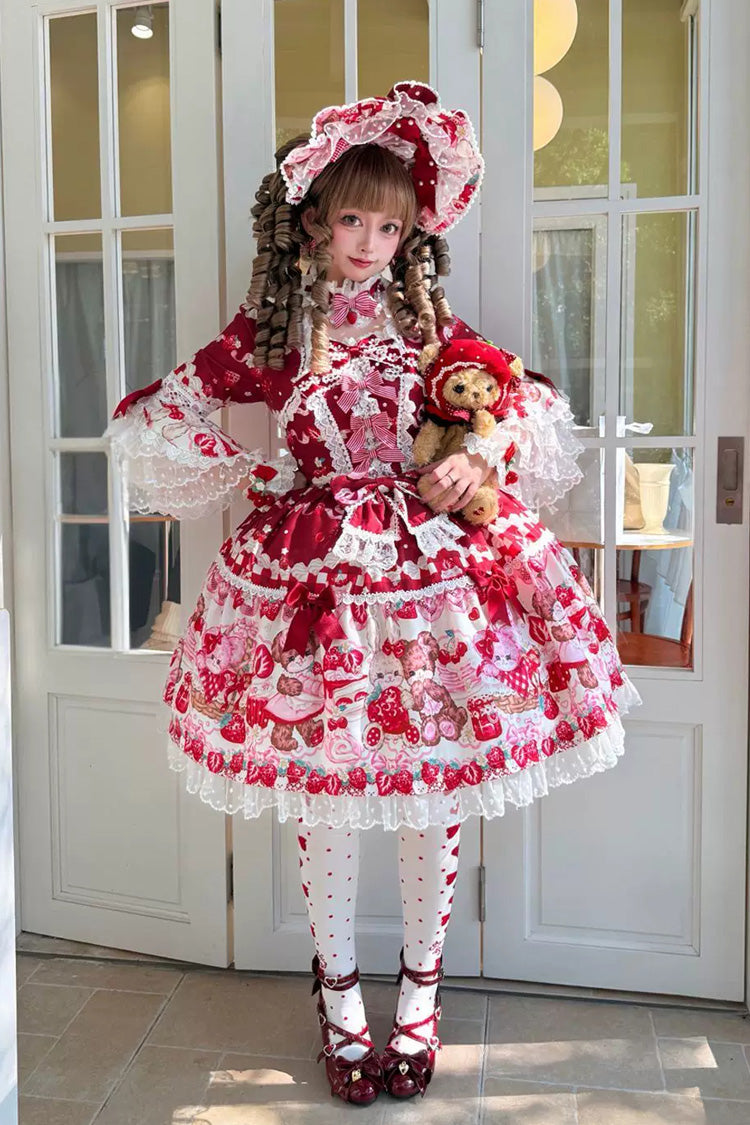 Red [Sweet Berry Bunny Bear] Half Sleeves Printed Bow Lace Lace-Up Sweet Lolita OP Dress - Product - 3