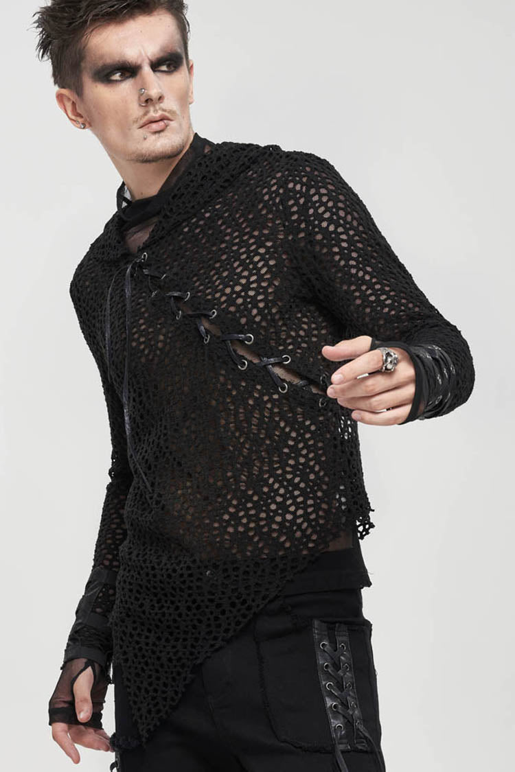 Black Punk Long Sleeve Elasticity Big Hole Mesh Drawstring Design Irregular Hooded Men's Shirt - Product - 3