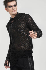Black Punk Long Sleeve Elasticity Big Hole Mesh Drawstring Design Irregular Hooded Men's Shirt - Product - 3