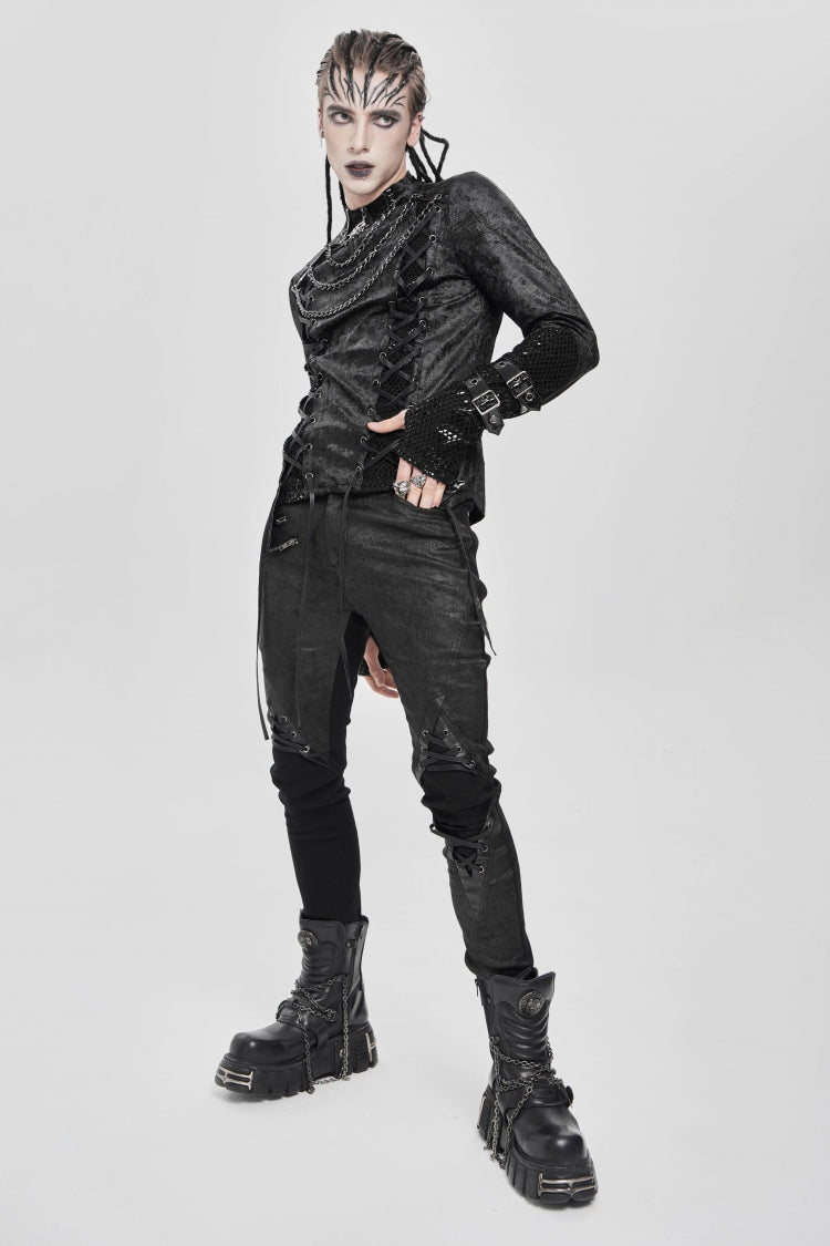 Black Stitching Lace-Up Mesh Chain Men's Punk Blouse - Product - 7