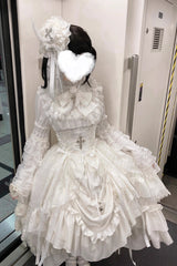 White [Eternal Taboo] Long Hime Sleeves Ruffled Bow Gothic Lolita Skirt Dress Set - Product - 5