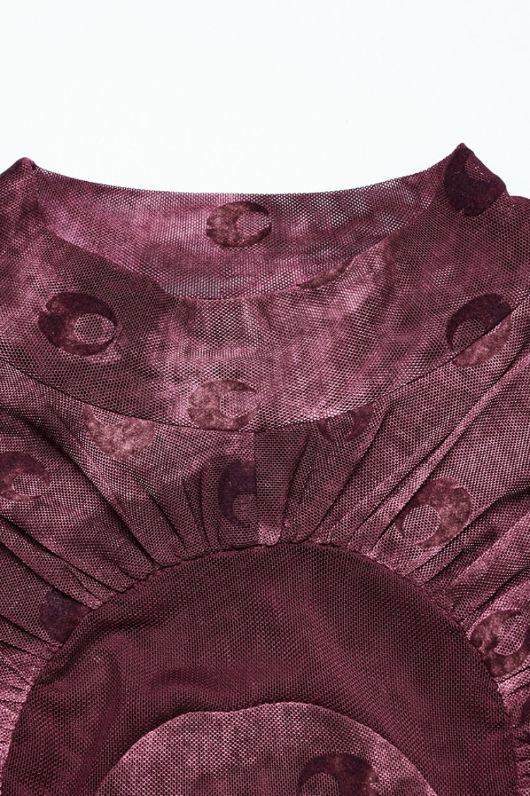 Red Moon Print Mesh Ruched Women's Gothic Blouse - Product - 6
