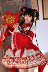 Red [New Year] Print Ruffle Bowknot Lace-Up Sweet Chinese Style Lolita Jsk Dress - Product - 15
