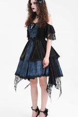 Blue Halterneck Lace Lace-Up Irregular Hem Women's Gothic Dress - Product - 3