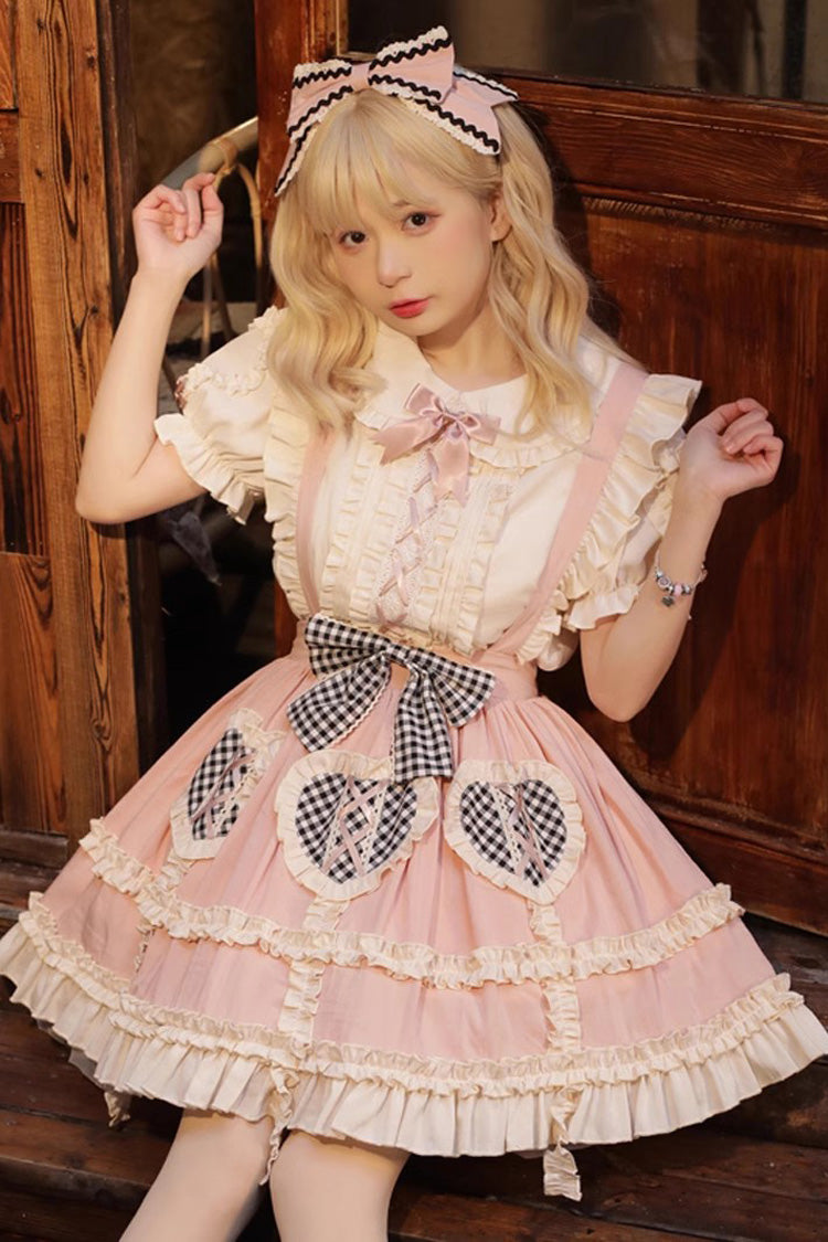 Pink Dorothy Heart Ruffle Bowknot Sweet Lolita Skirt Strap Dress - Product - 2