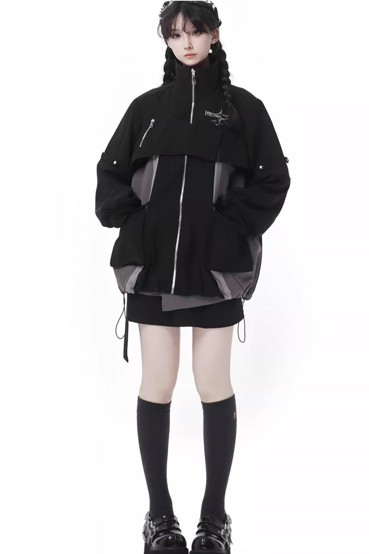 Black [Holographic Cruise] Techwear Long Sleeves Spliced Zippered Gothic Jirai Kei Skirt and Coat Set - Product - 5