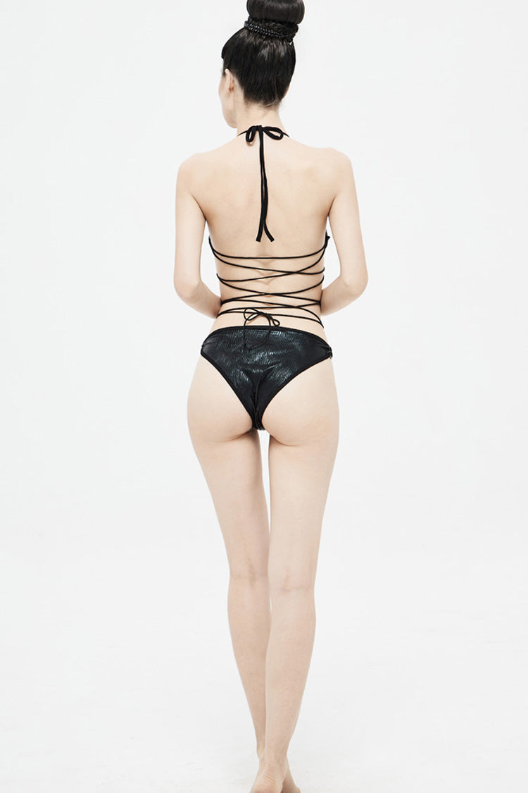 Black Back Cross-Strap Elastic Cord Women's Punk One-Piece Swimsuit - Product - 6