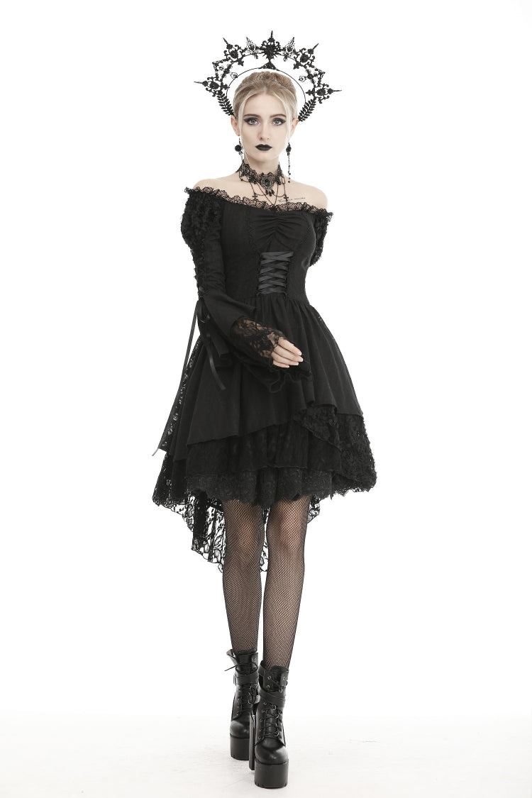 Black Off Shoulder Long Trumpet Puff Sleeves Lace-Up Strappy Mesh Women's Gothic Cocktail Dress - Product - 8