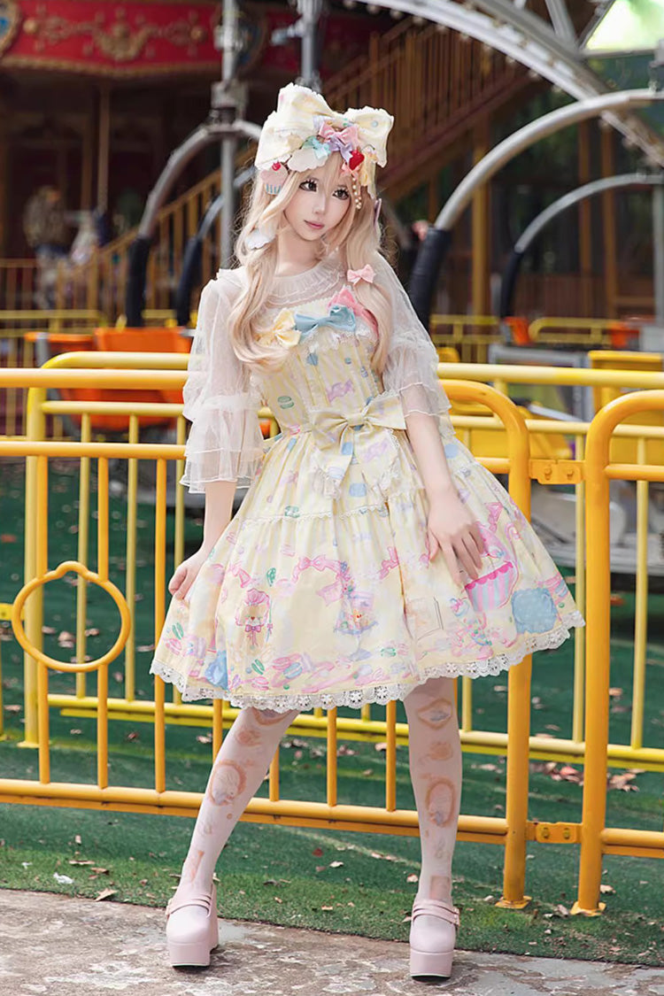 Yellow [Macaron Dolly House] Sleeveless Print Bowknot Sweet Lolita Jsk Dress - Product - 2