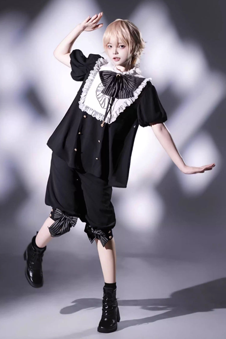 Black/White [Rabbit Hole] Long Sleeves Bow Gothic Prince Ouji Lolita Set - Black/White - 1