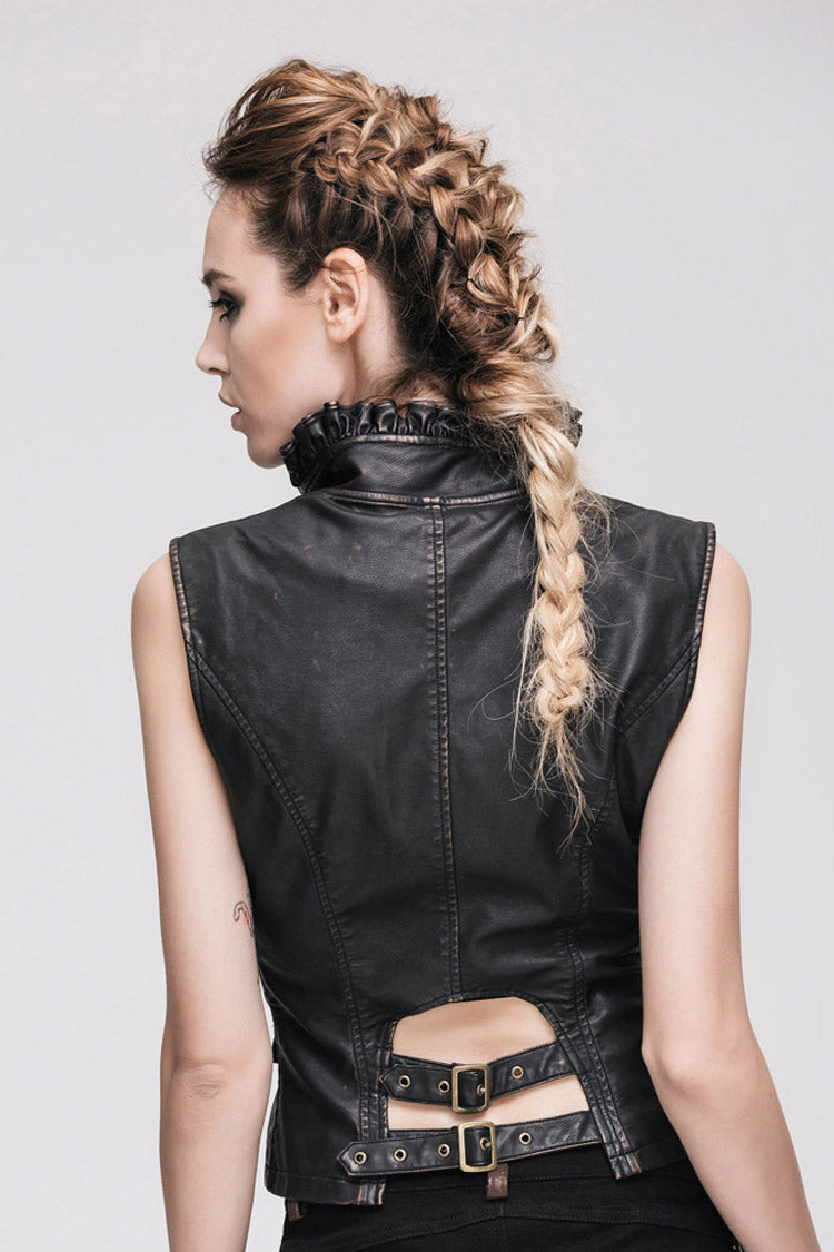 Black/Brown Big Opening Chest Wave Hand Rubbed Leather Collar Women's  Punk Vest - Product - 6