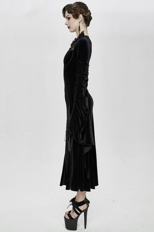 Black Flocking Pattern Trumpet Sleeve Sexy Womens Gothic Fitted Velvet Dress - Product - 4