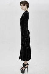 Black Flocking Pattern Trumpet Sleeve Sexy Womens Gothic Fitted Velvet Dress - Product - 4
