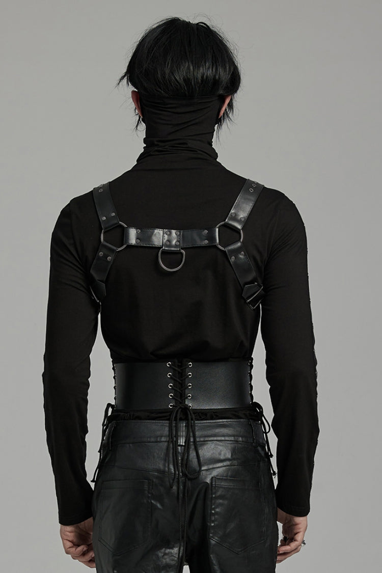 Black Lace-Up Double-buckle Men's Punk Girdle - Product - 3