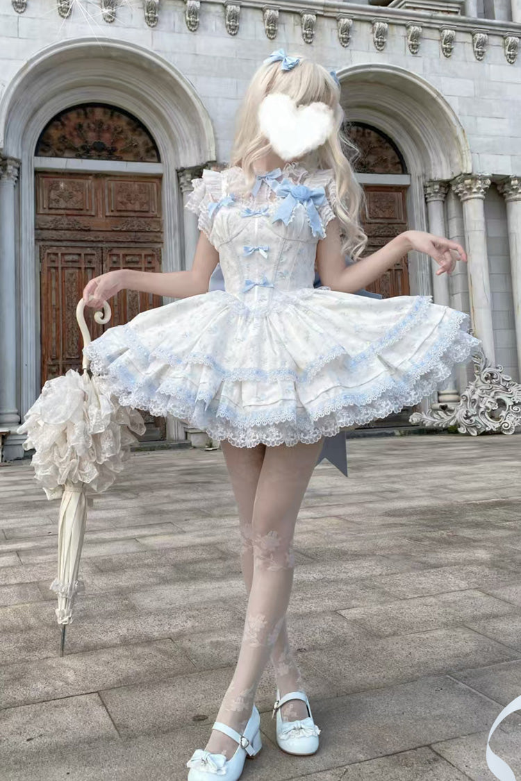 Blue [First Love Rose] Multi-Layered Print Ruffle Bowknot Lace Sweet Lolita Jsk Dress Set - Product - 5