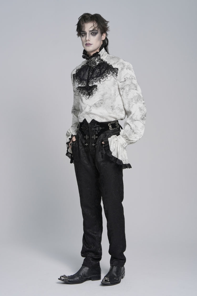 White Stand Collar Long Trumpet Marble Printed Sleeves Embroidered Spliced Men's Gothic Palace Shirt - Product - 7