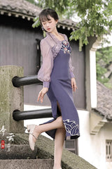 Purple Retro Chest Embroidery Han Elements Suspenders With Cloak Sweet Hanfu Dress - Product - 3