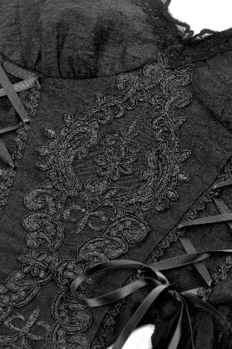 Black Sleeveless Floral Embroidered Lace Lace-Up Women's Gothic Slip Dress Wedding Dress - Product - 14