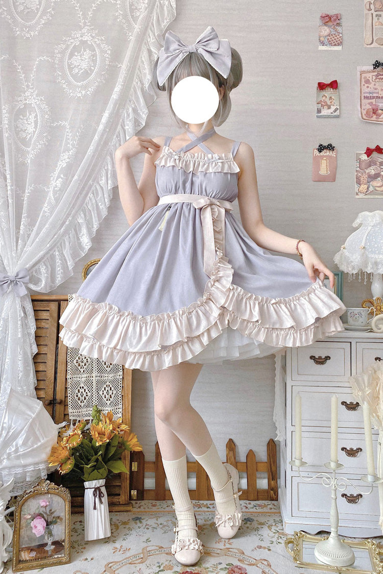 Grey [Monet Estate] Sleeveless High Waisted Ruffle Bowknot Asymmetric Sweet Lolita Jsk Dress - Product - 2