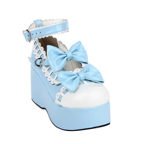 Pink Lace Bowknot Sweet Lolita Platform Shoes - Blue - 3
