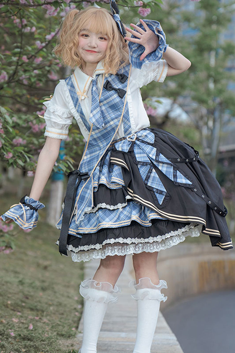 Multi-layer Print Ruffle Bowknot Sweet Lolita Skirt Set 3 Colors - Blue - 4
