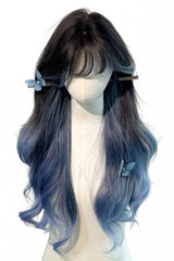 Black/Blue Ombre Curtain Bangs Long Wavy Sweet Lolita Wig - Black/Blue - 1