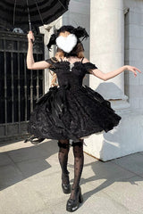 Black [Feathers Floating In The Air] Square Collar Flutter Sleeves Embroidered Bow Lace Gothic Lolita Jsk Dress - Product - 8