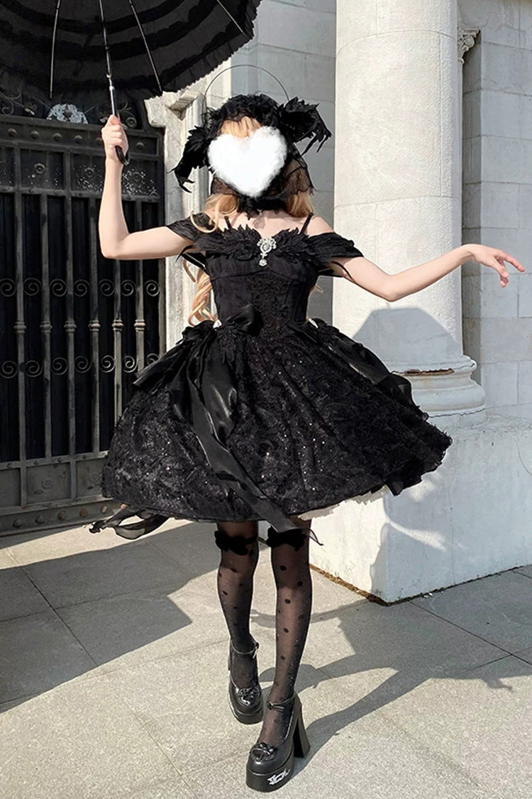 Black [Feathers Floating In The Air] Square Collar Flutter Sleeves Embroidered Bow Lace Gothic Lolita Jsk Dress - Product - 8