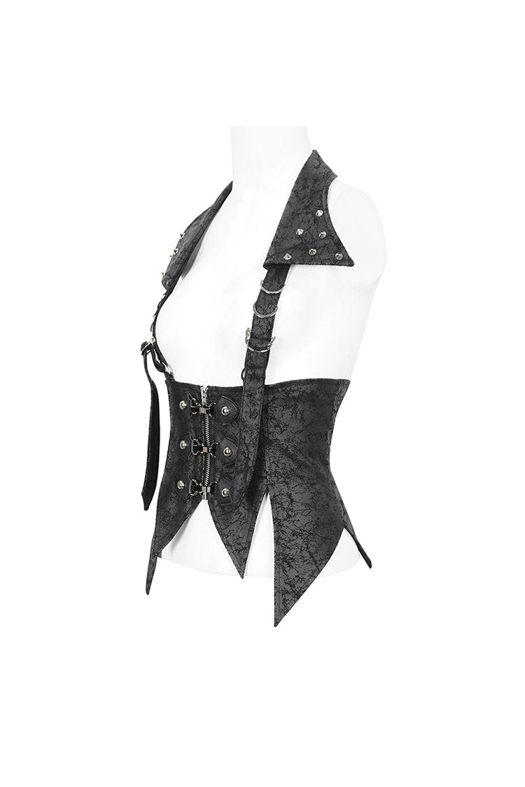 Black Irregular Lace Up Women's Gothic Vest With Detachable Collar - Product - 8