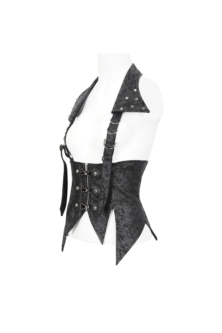 Black Irregular Lace Up Women's Gothic Vest With Detachable Collar - Product - 8