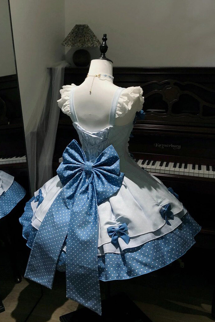 Blue [Glass Bottle] Square Collar Sleeveless Triple-Layered Printed Ruffled Bow Asymmetric Sweet Lolita Jsk Dress - Product - 7