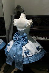 Blue [Glass Bottle] Square Collar Sleeveless Triple-Layered Printed Ruffled Bow Asymmetric Sweet Lolita Jsk Dress - Product - 7