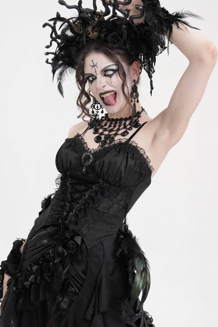 Black Lace Lace-Up Women's Gothic Overbust Corset - Product - 7