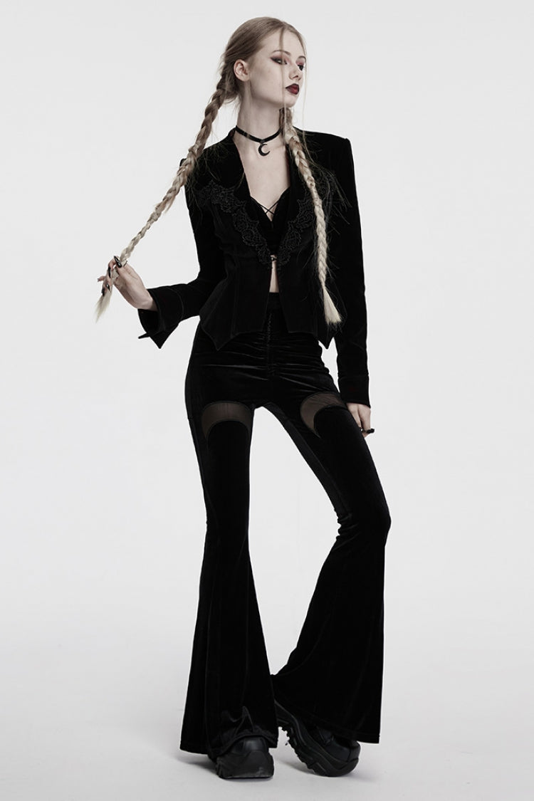 Black V Collar Long Sleeves Floral Embroidery Lace-Up Women's Gothic Jacket - Product - 4
