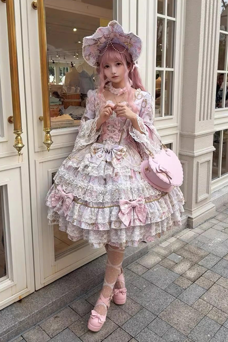 Purple [Candlelight Elegance] Long Trumpet Sleeves Multi-Layered Ruffle Bowknot Lace Sweet Elegant Lolita Dress - Product - 11