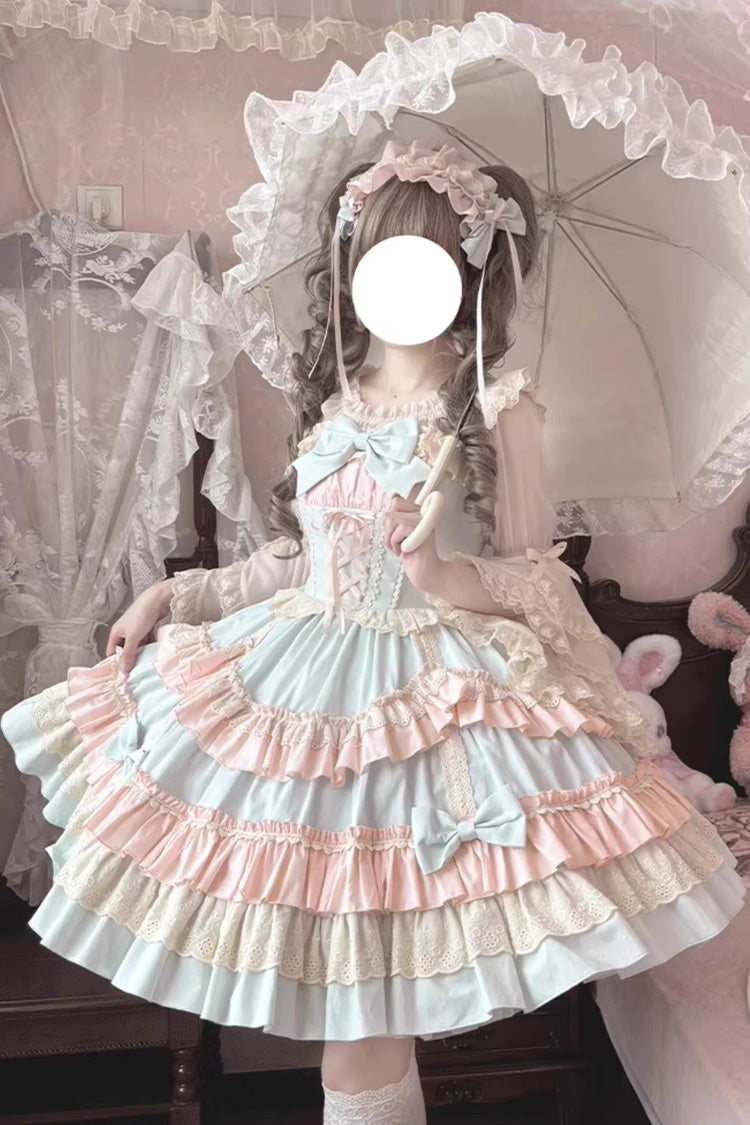 Blue/Pink Candy Sleeveless Multi-Layered Ruffle Bowknot Lace-Up Sweet Lolita Tiered Dress - Product - 3
