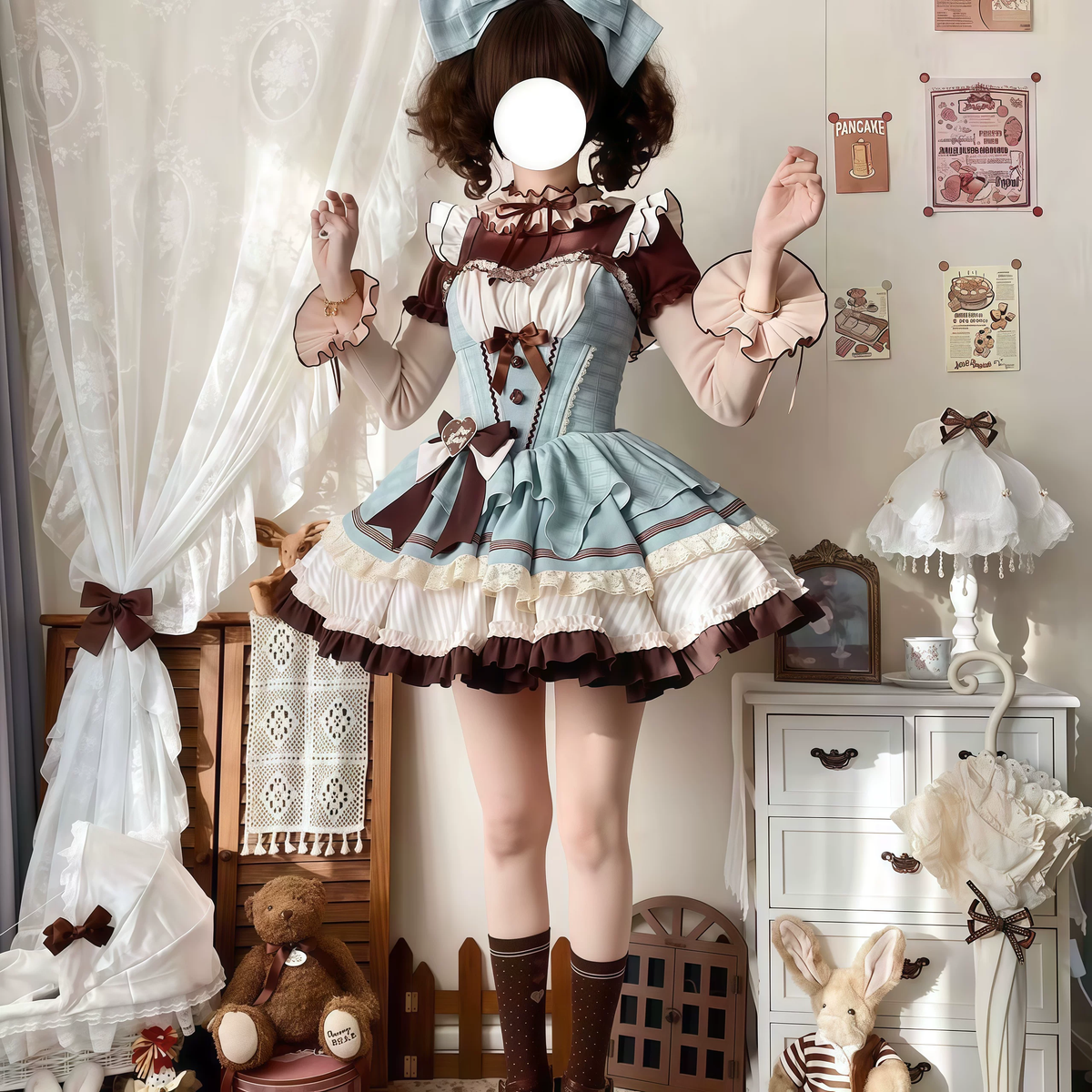 Green and Brown Ruffled Chocolate Lolita Dress Set with Bow Accent - view 4