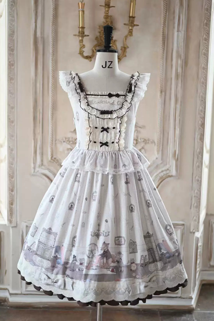 Ivory [Forest Tailor Shop] Square Collar Printed Ruffled Bow Sweet Lolita Jsk Dress - Product - 4