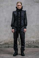 Black Side Discoid Flowers Back Waist Lace Up Gothic Jacquard Mens Pants - Product - 5