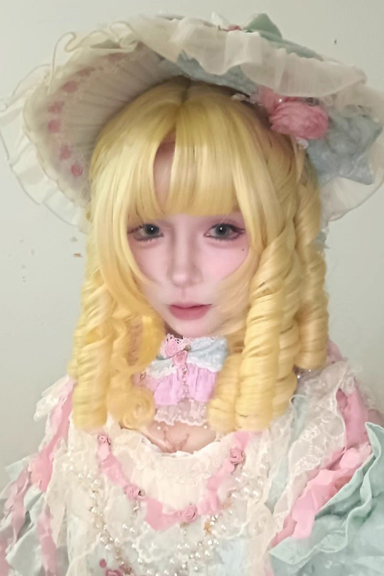 Pale Gold Ringlet Curls Lolita Wig Center Part with Blunt Bangs - Product - 2