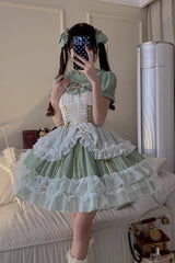 Green Multi-layer Ruffle Hanayome Lace Lace-Up Plus Size Sweet Lolita Jsk Dress (Short Version) - Product - 6