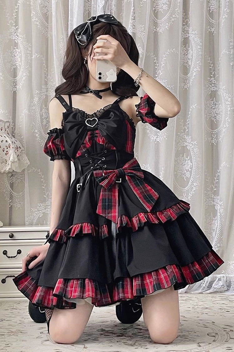 Black/Red Plaid Print Color Contrast Leather Buckle Bowknot Ruffle Gothic Lolita JSK Dress - Product - 4
