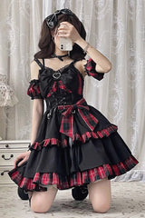 Black/Red Plaid Print Color Contrast Leather Buckle Bowknot Ruffle Gothic Lolita JSK Dress - Product - 4