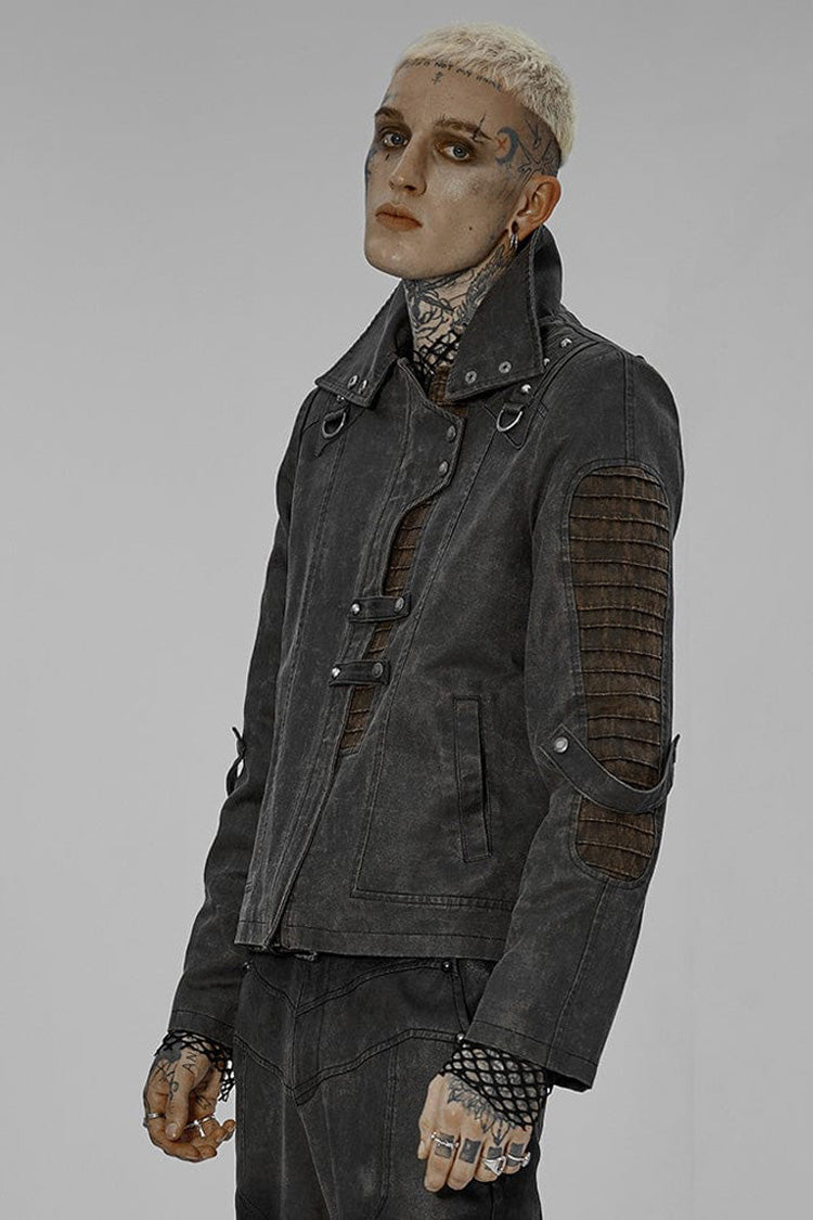 Grey Punk Post Apocalyptic Stitching Asymmetric High Neck Metal Embellished Short Loose Men's Coat - Product - 2