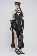 Black Cut-Out Irregular Zippered Women's Punk Long Skirt - Product - 3