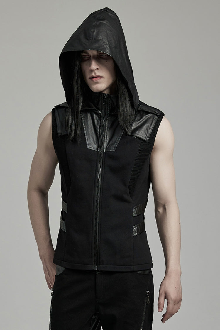 Black Stitching Hooded Men's Punk Vest - Product - 2