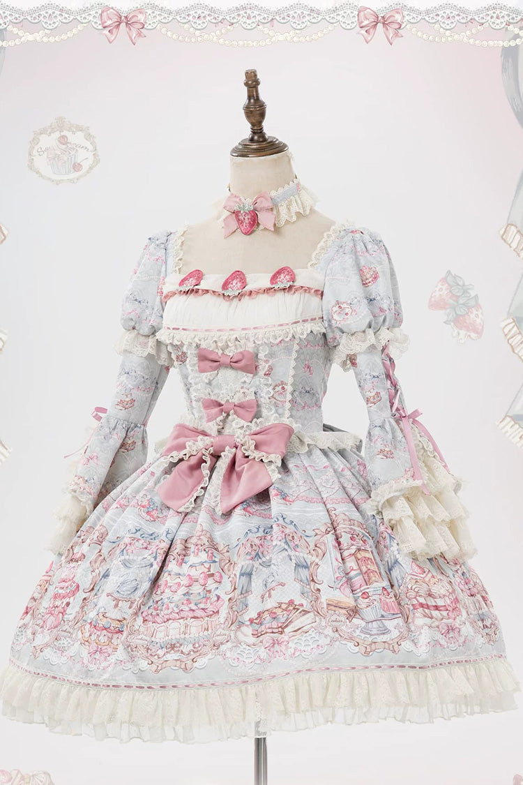 Blue/Pink [Victoria Cake] Square Collar Long Trumpet Sleeves Jacquard Printed Ruffled Bow Lace Sweet Lolita Dress - Product - 5